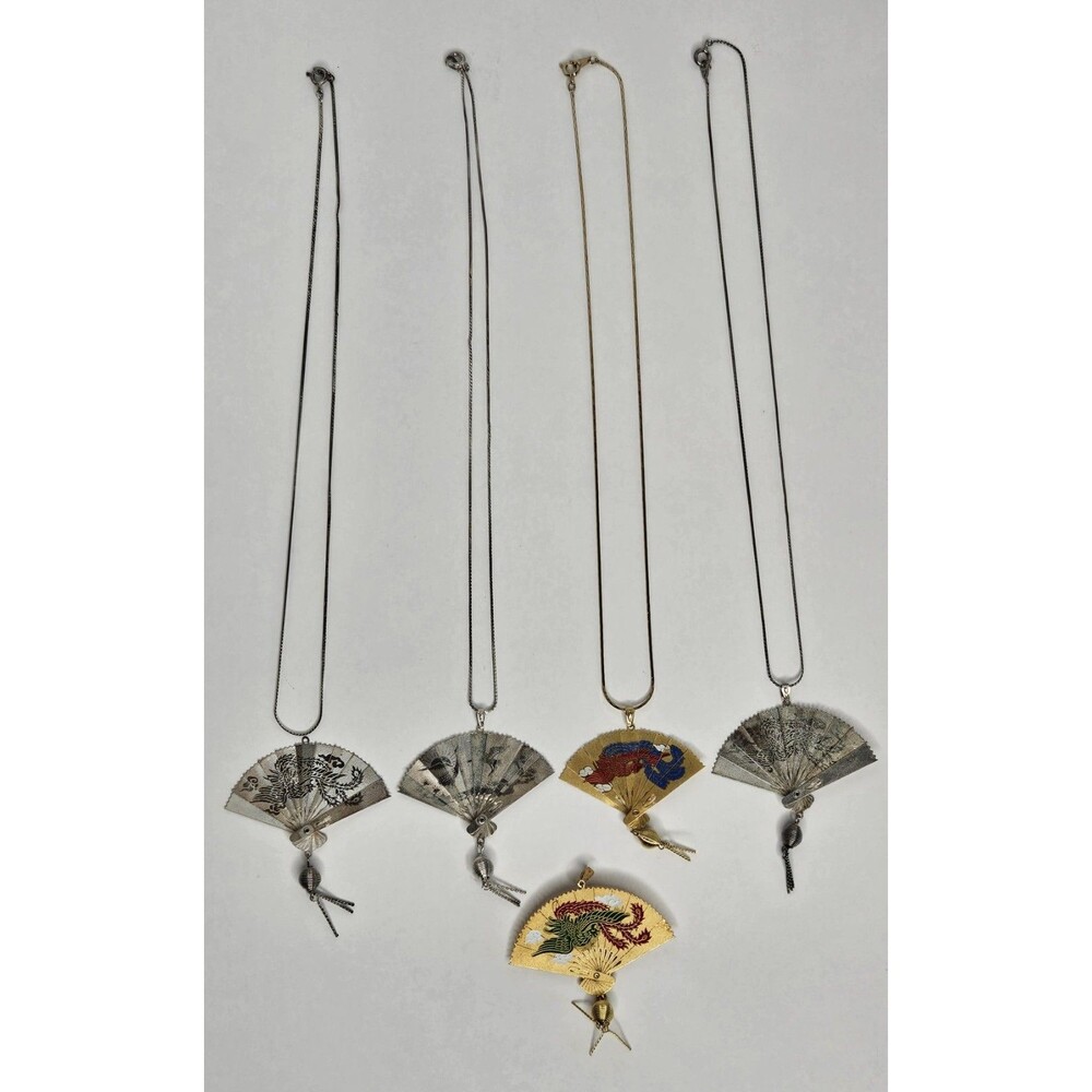 Vintage Oriental Style Fan Set With With Sketching On Them 18" Necklace Lot